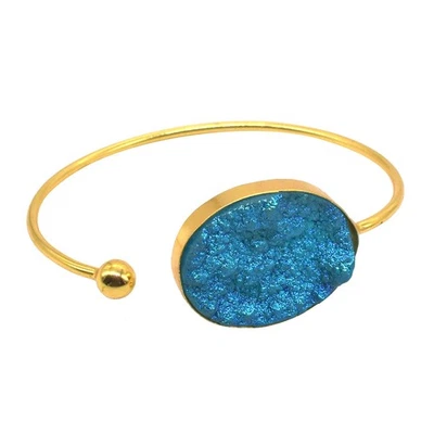 Blue Druzy Drusy Quartz Bangle Handmade Gold Plated Bracelet Jewelry D393 - Image 1 of 4