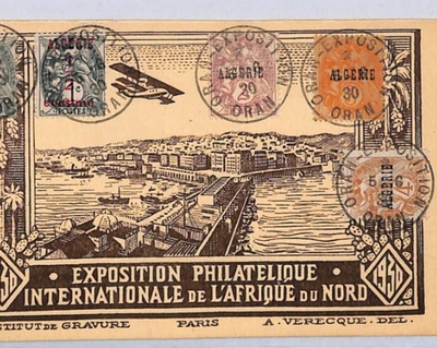 ALGERIA Postcard 1930 Africa Expo *BIPLANE* Illustrated VIEW-SIDE FRANKING YZ258 - Image 1 of 4