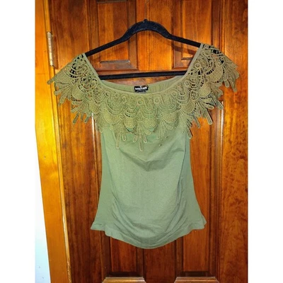 Soho Lady Olive Green Off Shoulder Lace Trim Tunic Top Women - Image 1 of 4