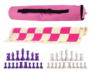 Pink Archer Weighted Chess Set - Vinyl Board, Bag w/ Purple & White Pieces - Picture 1 of 5