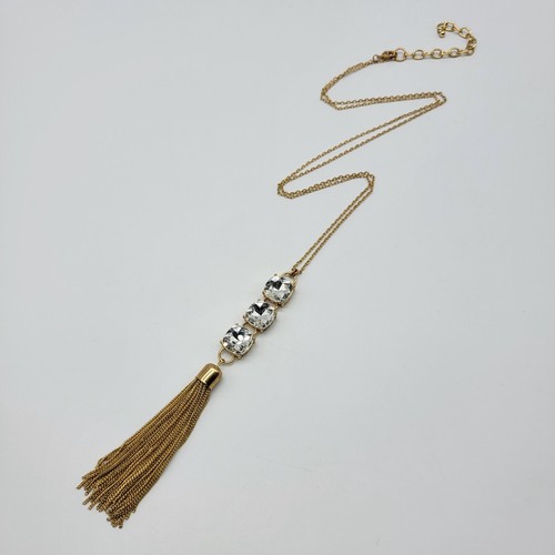 VETEMENTS Collana goccia Y frangia metallo strass trasparente tono oro boho 32"