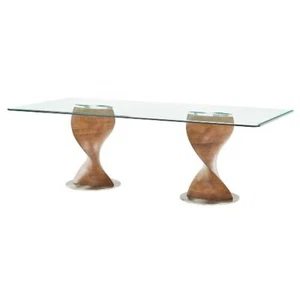 95 Clear And Brown Glass And Solid Wood Double Pedestal Base Dining Table - Picture 1 of 1