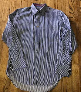 Camicia Robert Graham da uomo manica lunga media con bottoni blu a righe bianche - Foto 1 di 9