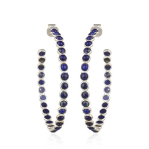 Natural Lapis Lazuli Gemstone 925 Sterling Silver Designer Hoop Earrings - Picture 1 of 5
