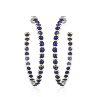 Natural Lapis Lazuli Gemstone 925 Sterling Silver Designer Hoop Earrings - Image 1 of 4