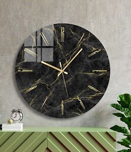 Black & Gold Marble Glass Wall Clock, Silent Non-Ticking Wall Clock, Decorative