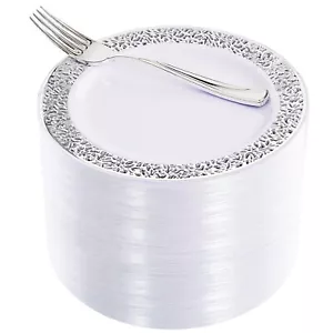 WDF 100pcs Silver Dessert Plates 7.5" with 100 Pieces Disposable Forks 7.4",L... - Picture 1 of 7