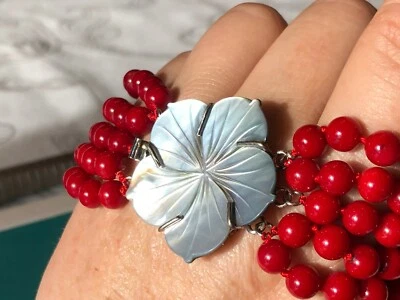 Sterling Silver Oxblood Red Coral Multi Strand Mother of Pearl Carved Bracelet - Image 1 of 4