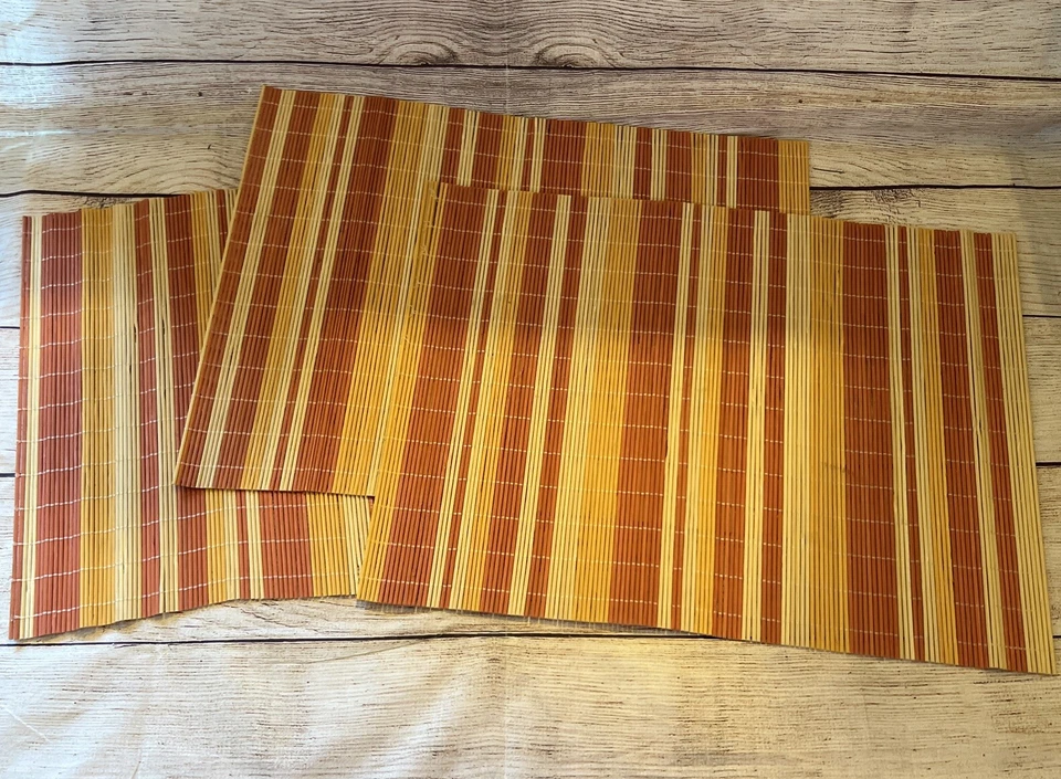 100% BAMBOO YELLOW ORANGE STRIPED PLACE MATS SET OF 3 AS IS - Image 1 of 4