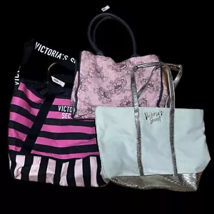 Victoria’s Secret Tote Bag Lot of 3 Large Bags Stripe Floral Glitter Canvas New - Picture 1 of 4