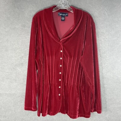 Blusa Susan Graver túnica de terciopelo talla XL roja plisada con botones vacaciones lujosa Foto 1 de 4