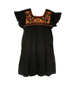 Vestido túnica Puebla negro bordado a mano floral mexicano para mujer L  - Imagen 1 de 8