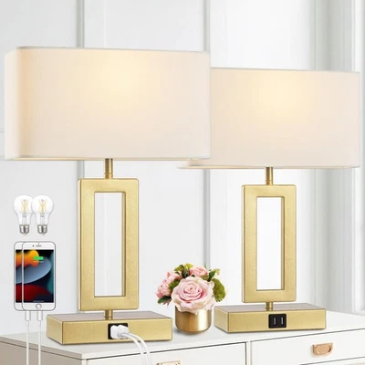 Gold Table Lamps Set of 2 with Dual USB Ports,3-Way Dimmable Touch Control Be... - Image 1 of 4
