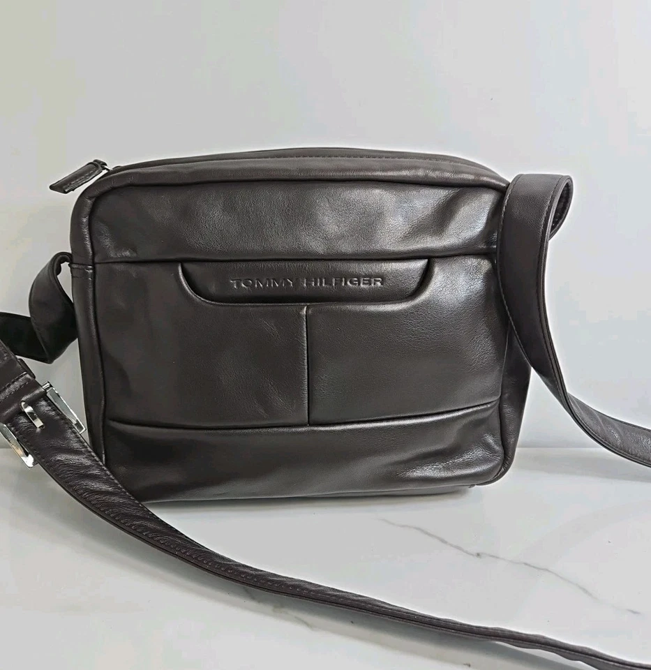 Tommy Hilfiger Dark ChocoBrown Leather Small Crossbody Purse 9x7x3" - Image 1 of 4