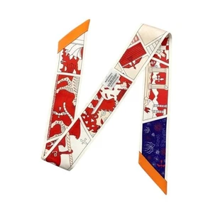 Sciarpa HERMES Twilly Factory Suite Rouge Blanc Bleu 86 cm x 5 cm usata con scatola - Foto 1 di 8