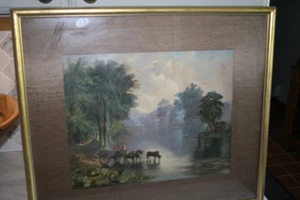 Antik 1800er Hudson River Schule Gemälde Öl auf Bord Flusslandschaft gerahmt - Bild 1 von 8