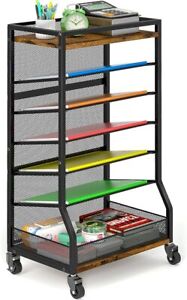7 Tier Rolling File Cart with Sliding Trays, Wood Metal File Organizer Beside