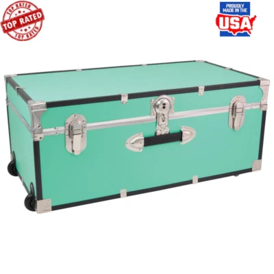 30 in Trunk W/Wheels Lock Dustproof Handles Camping Home Dorm Storage Vinyl Teal - Image 1 of 4