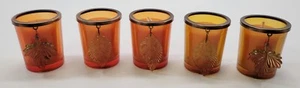 U) Lot of 5 Amber Glass Autumn Scented Votive Candles with Hanging Leaves - Picture 1 of 6