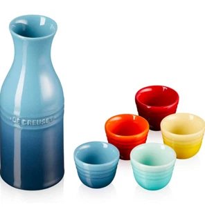 Le Creuset SAKE Set Tokkuri Ochoko Rainbow Blue bottle Japan cups Tableware NEW - Picture 1 of 6