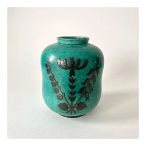 Gustavsberg Wilhelm Kåge Silver Green Earthenware and Sterling Silver Argenta Vase, 1930s - Picture 1 of 8
