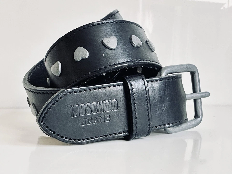 MOSCHINO Vintage Belt Leather Women Black Silver Hearts Metal Buckle Size 85 S M - Image 1 of 4