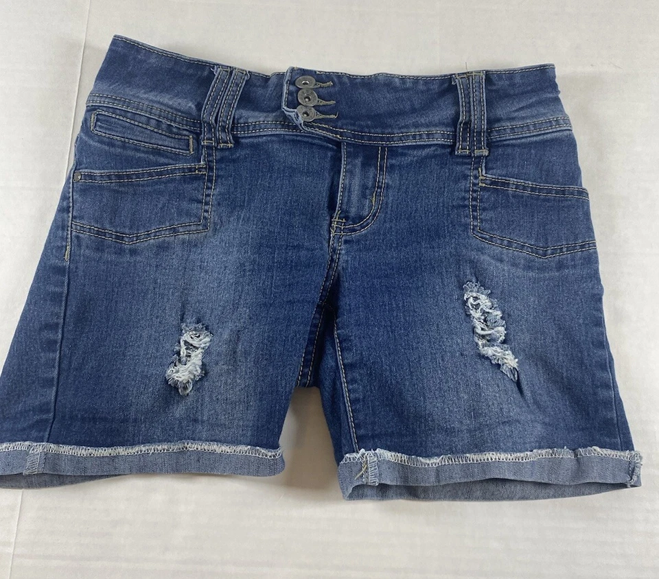 Pantalones Cortos Vaqueros Desgastados Rojo Remache Azul Bolsillos Traseros Talla 7 Foto 1 de 4