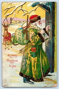 um 1910 Weihnachten Weihnachtsmann grünes Gewand Rentier geprägt antike Postkarte - Bild 1 von 2