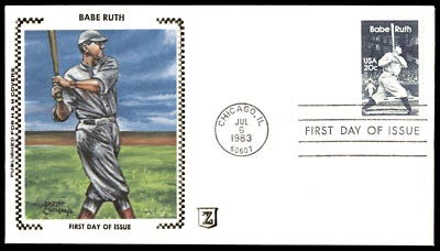 1983  Babe Ruth Portrait First Day Cover H&M Covers Zaso Silk Cachet - Image 1 of 2