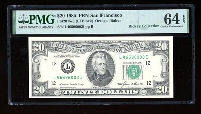 DBR 1985 $20 FRN San Francisco Fr. 2075-L PMG 64 EPQ Serial L46596003I - Image 1 of 2