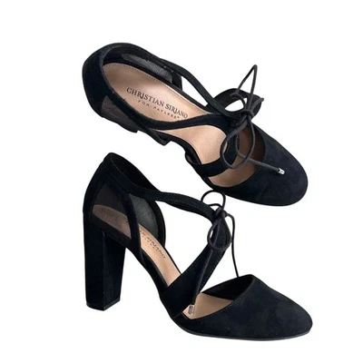 Christian Siriano for Payless Black Suede Mesh Lace Up Block Heels Womens 8 Chic - Image 1 of 4