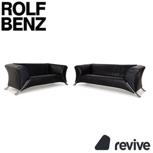 Rolf Benz 322 Leather Sofa Set Blue Black Couch 2x Two Seater - Picture 1 of 12