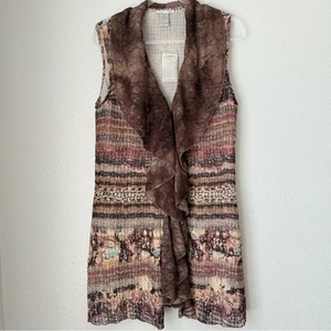 Alberto Makali Brown Abstract Print Long Lacey Crinkle Waterfall Vest XL NEW - Picture 1 of 16