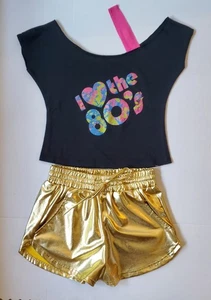 I Love the 80s Costume Sz S Black Off Shoulder Shirt Gold Lamè Shorts Cosplay - Picture 1 of 13