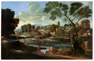 Funeral de Foción Poussin ciudad antigua vista río 1955 Abrams impresión artística - Imagen 1 de 4