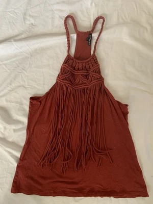Camiseta sin mangas Express con flecos macramé boho para mujer talla M naranja quemado occidental informal Foto 1 de 4