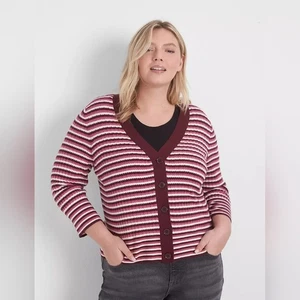 NEW Lane Bryant Burgundy Pink Striped Classic 3/4 Sleeve Cute Cardigan Sz 22/24 - Picture 1 of 11