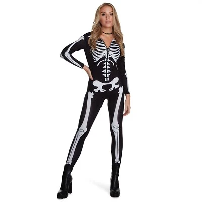 Women`s Zipper Skeleton Jumpsuit Ladies Halloween Bodysuit Costume - Image 1 of 4