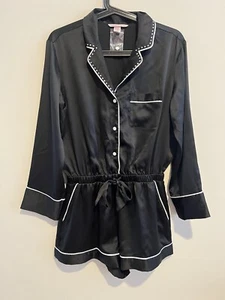 Victorias Secret Short Satin Romper LS Rhinestones Collar Black Small nwot - Picture 1 of 4