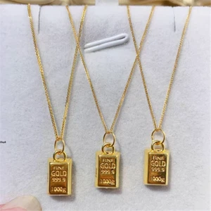 Pure 999 24K Yellow Gold Long Oblong With 18K Yellow Gold Wheat Necklace 18in - Picture 1 of 4
