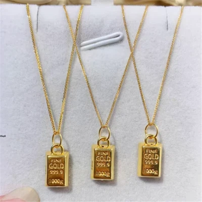  999 24K Yellow Gold Long Oblong With 18K Yellow Gold Wheat Necklace 18in - Image 1 of 4