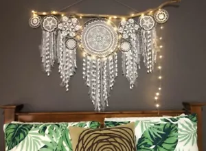 white And Grey Boho dreamcatcher bedhead wall hanging Wedding Decor - Bild 1 von 1