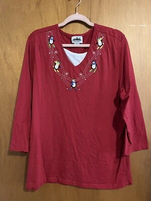 Camisa XL Adornada Bordada Manga Cuarto Rojo Invierno Pingüinos Foto 1 de 3