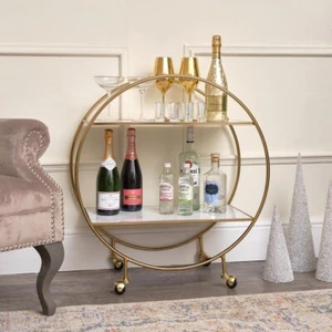 Gold & Marble Round Bar Cart drink trolley glamorous luxurious shelf shelving - Picture 1 of 11