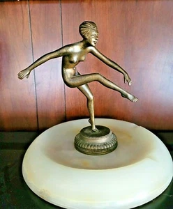 CENICERO ART DECO FRANKART AÑOS 20 DESNUDO BAILANDO FIGURA MUJER BRONCE Y ÓNIX ESTATUA - Imagen 1 de 6