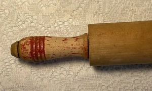 Vintage Red Grooved Handle Mid Century Wood Rolling Pin Farmhouse Cottagecore - Picture 1 of 13