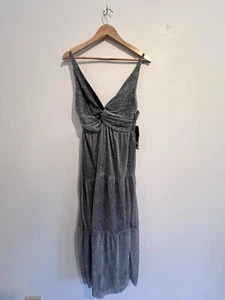 Collection Sz 16 NwT Silver Metallic Mesh Lined Tiered Maxi Dress Evening - Picture 1 of 10