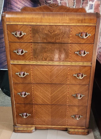 Vintage Art Deco Waterfall Highboy Dresser With Inlays And Bakelite Pulls Cover
