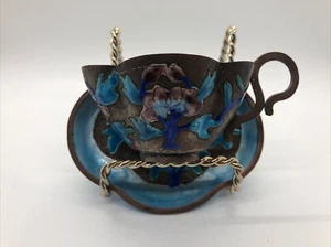 Antique Chinese Hand Painted Enamel Teacup w/ Saucer Blue Metal Vintage - Picture 1 of 8