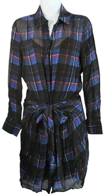 Vestido Camisa Corbata Lucky Brand $139 Mujer Azul/Negro/Rojo Viscosa a Cuadros Ligero  Foto 1 de 4